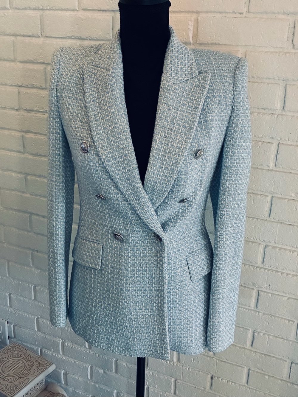 ZARA Double-Breasted Tweed Blazer Jacket - Light Blue EUC XS